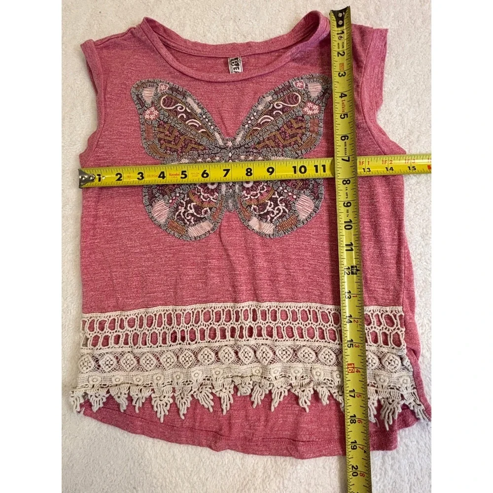Beautees Pink Butterfly Graphic Sleeveless Top Crochet Lace‎ Hem Fringe Large
